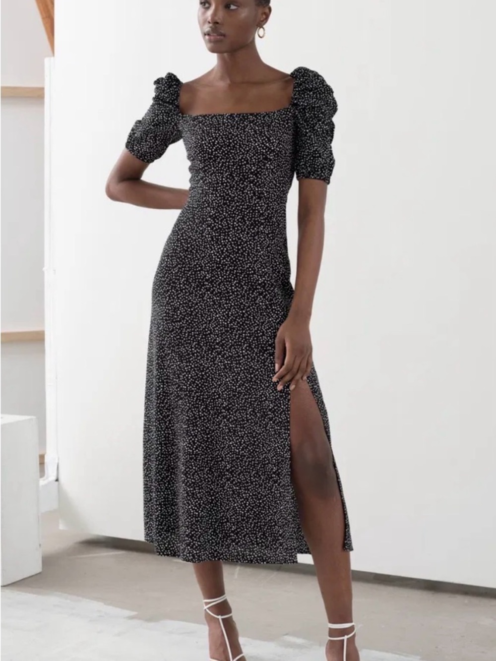 & Other Stories Black Midi Dress with White Dot Print and Puff Sleeves